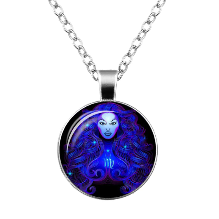 Zodiac Time Gem Glass Pendant Necklace