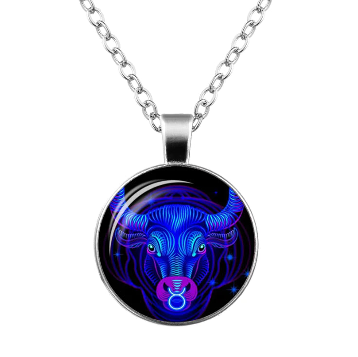 Zodiac Time Gem Glass Pendant Necklace