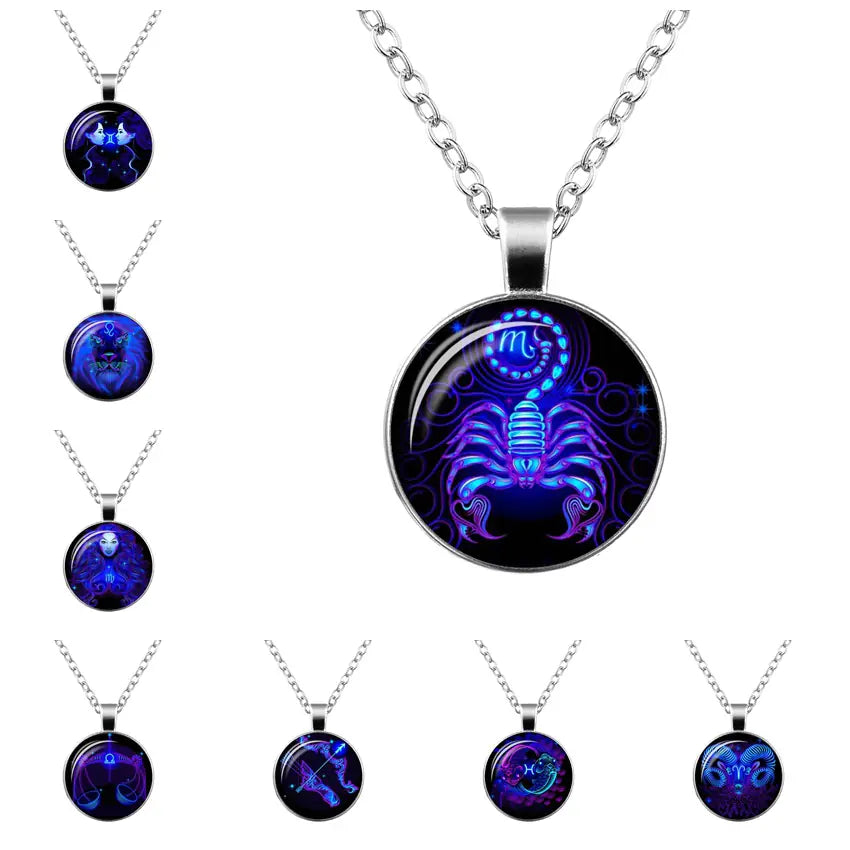 Zodiac Time Gem Glass Pendant Necklace