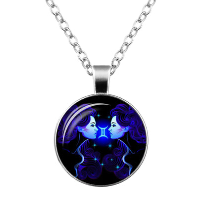 Zodiac Time Gem Glass Pendant Necklace
