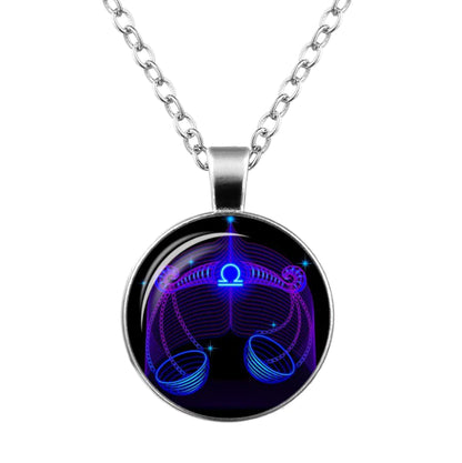 Zodiac Time Gem Glass Pendant Necklace