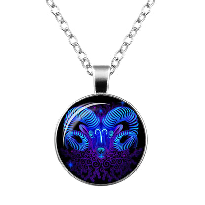 Zodiac Time Gem Glass Pendant Necklace